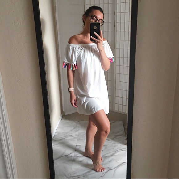 LAST ONE White Off Shoulder Tassels Shift Dress - Picture 7 of 8